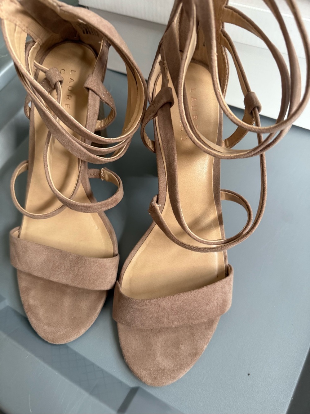 LC Lauren Conrad Taupe Suede Wrap Ankle Heels